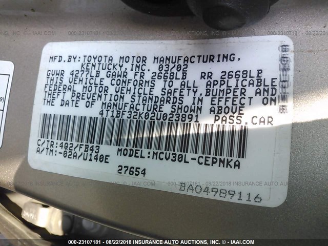 4T1BF32K02U023891 - 2002 TOYOTA CAMRY LE/XLE/SE Qızıl foto 9