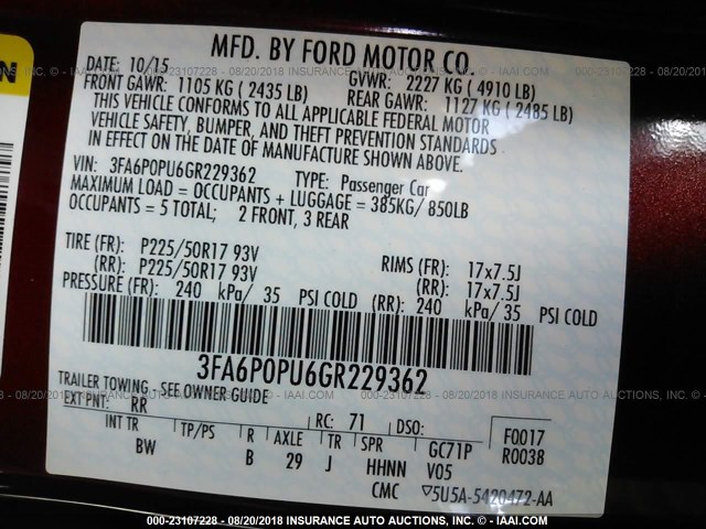 3FA6P0PU6GR229362 - 2016 FORD FUSION SE PHEV RED photo 9