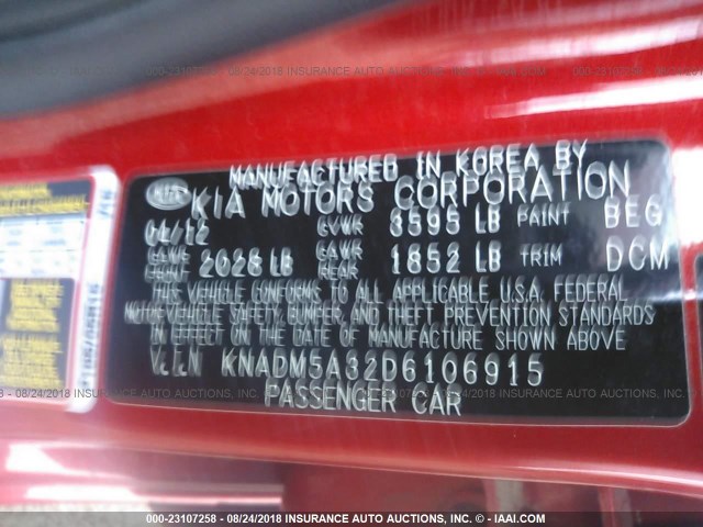 KNADM5A32D6106915 - 2013 KIA RIO LX RED photo 9