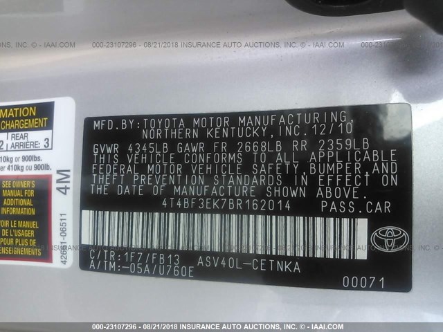 4T4BF3EK7BR162014 - 2011 TOYOTA CAMRY SE/LE/XLE SILVER photo 9