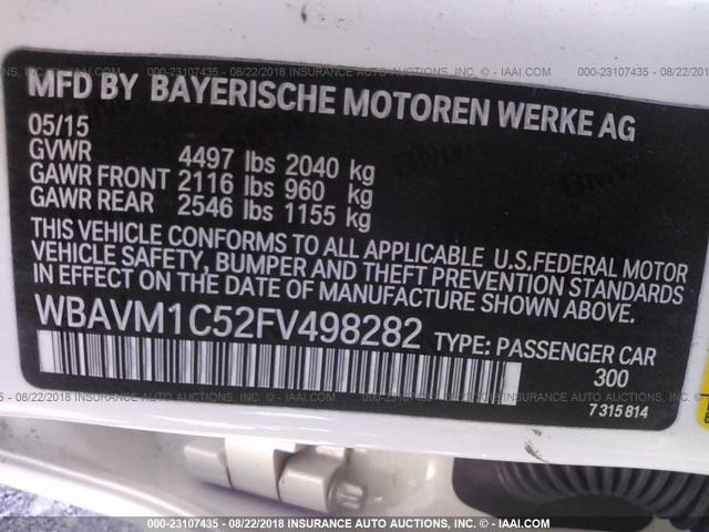 WBAVM1C52FV498282 - 2015 BMW X1 SDRIVE28I WHITE photo 9