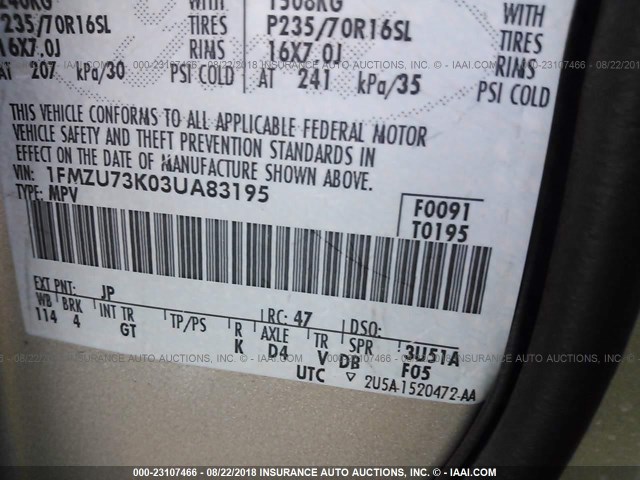 1FMZU73K03UA83195 - 2003 FORD EXPLORER XLT/XLT SPORT/NBX 棕色 照片 9