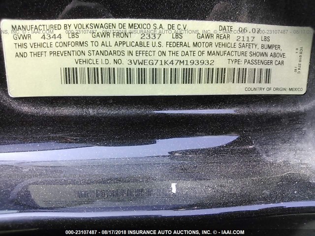 3VWEG71K47M193932 - 2007 VOLKSWAGEN JETTA WOLFSBURG 黑色 照片 9
