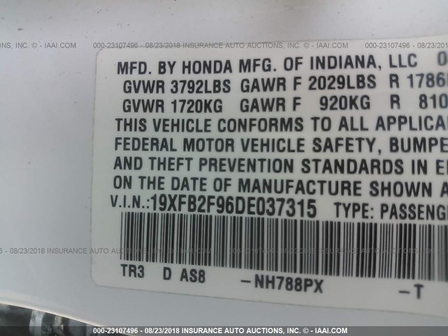 19XFB2F96DE037315 - 2013 HONDA CIVIC EXL 白色 照片 9