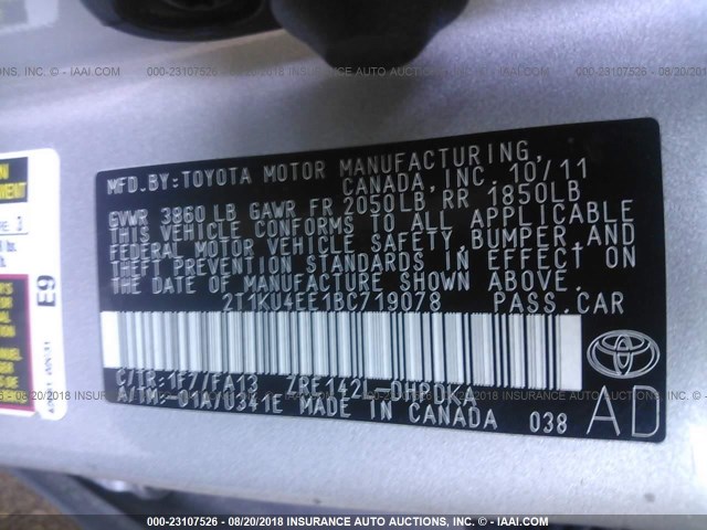 2T1KU4EE1BC719078 - 2011 TOYOTA COROLLA MATRIX  SILVER photo 9
