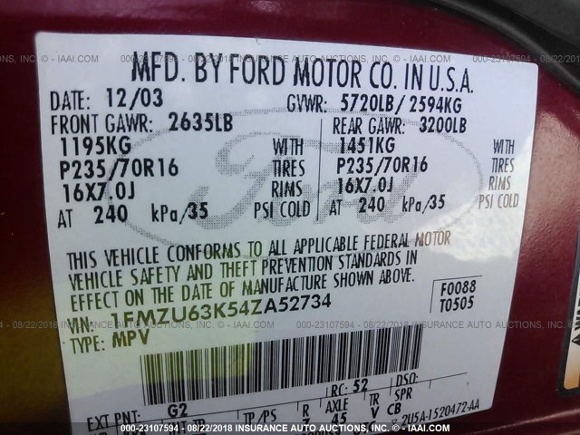 1FMZU63K54ZA52734 - 2004 FORD EXPLORER XLT/XLT SPORT/NBX 红色 照片 9