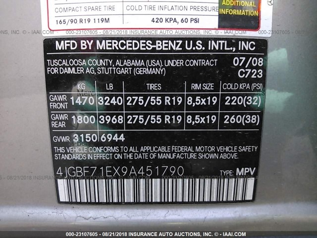 4JGBF71EX9A451790 - 2009 MERCEDES-BENZ GL 450 4MATIC GRAY photo 9