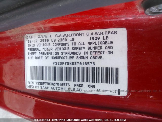 YS3DF78K827016576 - 2002 SAAB 9-3 SE RED photo 9