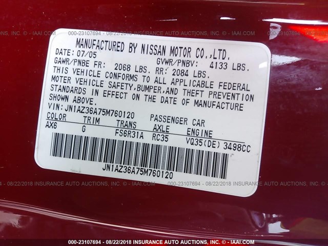 JN1AZ36A75M760120 - 2005 NISSAN 350Z ROADSTER RED photo 9