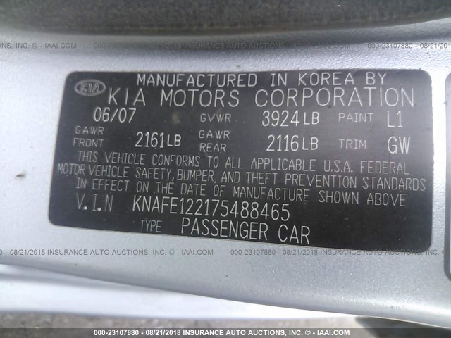 KNAFE122175488465 - 2007 KIA SPECTRA EX/LX Light Blue photo 9