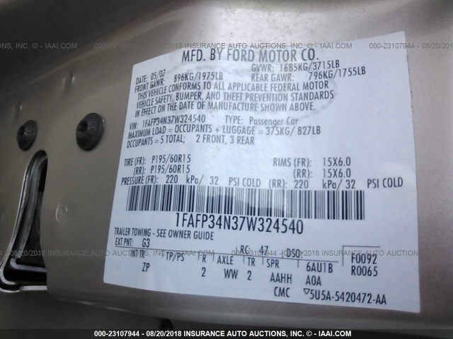 1FAFP34N37W324540 - 2007 FORD FOCUS ZX4/S/SE/SES 金色 照片 9