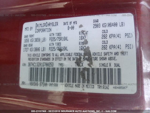 3B7HC13Z01G700253 - 2001 DODGE RAM 1500 RED photo 9