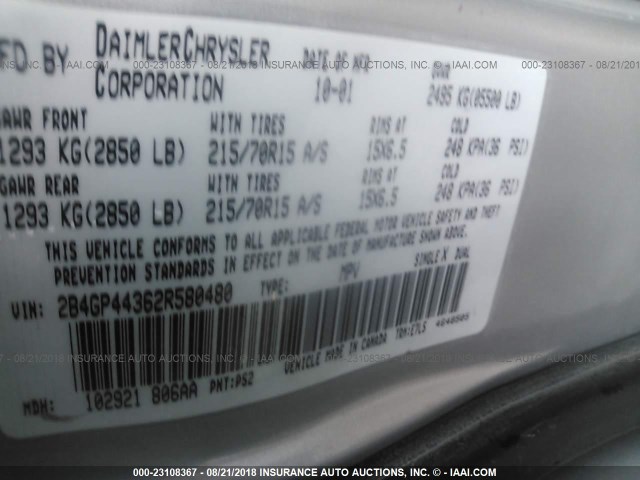 2B4GP44362R580480 - 2002 DODGE GRAND CARAVAN SPORT SILVER photo 9