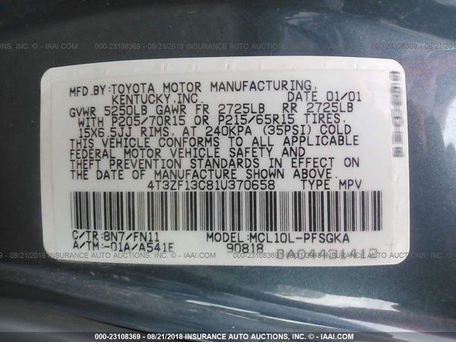 4T3ZF13C81U370658 - 2001 TOYOTA SIENNA LE/XLE BLUE photo 9