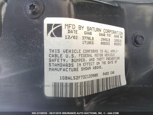 1G8AL52F73Z133908 - 2003 SATURN ION LEVEL 3 GRAY photo 9