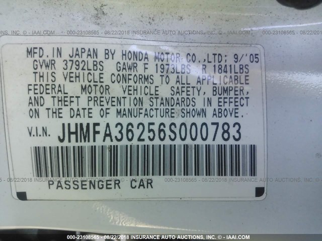 JHMFA36256S000783 - 2006 HONDA CIVIC HYBRID WHITE photo 9