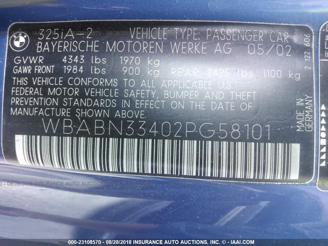 WBABN33402PG58101 - 2002 BMW 325 CI BLUE photo 9