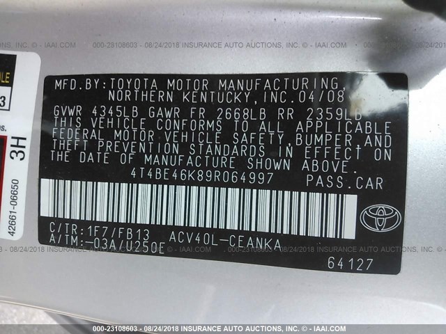4T4BE46K89R064997 - 2009 TOYOTA CAMRY SE/LE/XLE ვერცხლისფერი ფოტო 9