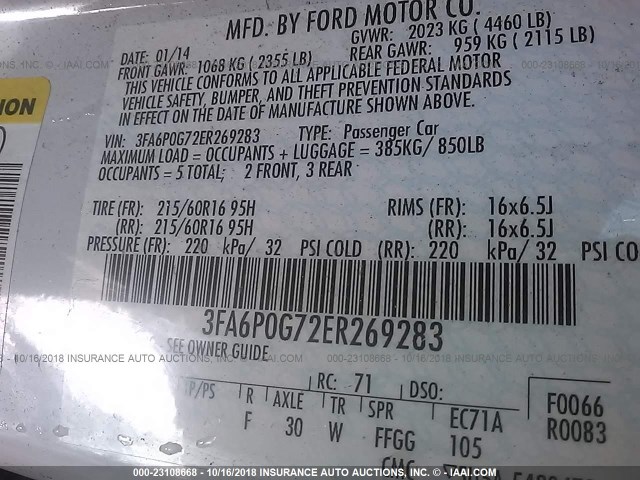 3FA6P0G72ER269283 - 2014 FORD FUSION S WHITE photo 9