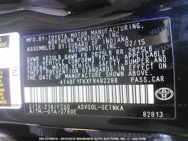 4T4BF1FKXFR482288 - 2015 TOYOTA CAMRY LE/XLE/SE/XSE 黑色 照片 9