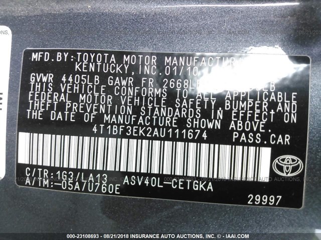 4T1BF3EK2AU111674 - 2010 TOYOTA CAMRY SE/LE/XLE BLUE photo 9