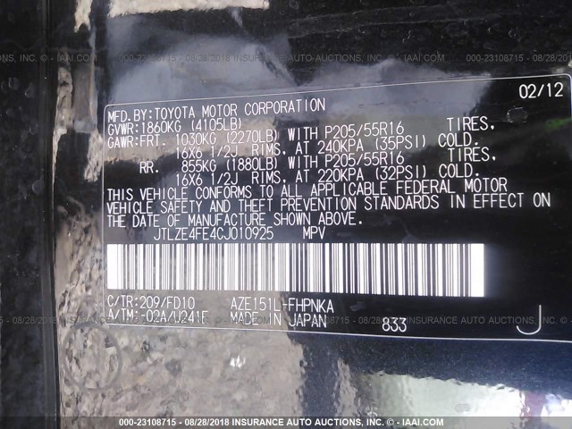 JTLZE4FE4CJ010925 - 2012 TOYOTA SCION XB Negro foto 9