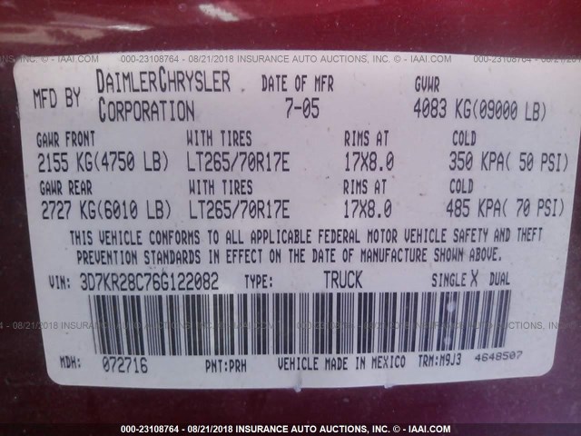 3D7KR28C76G122082 - 2006 DODGE RAM 2500 ST/SLT 红色 照片 9
