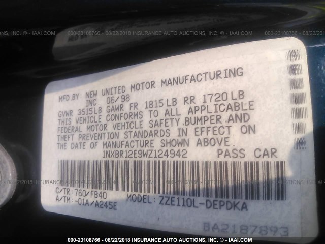 1NXBR12E9WZ124942 - 1998 TOYOTA COROLLA VE/CE/LE 蓝色 照片 9