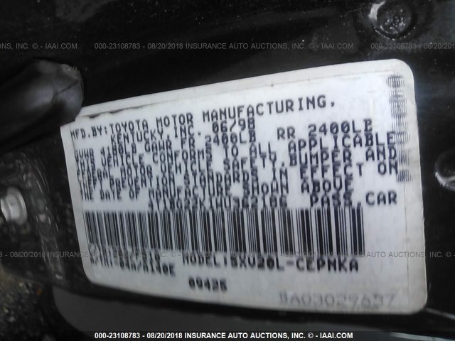 4T1BG22K1WU362186 - 1998 TOYOTA CAMRY CE/LE/XLE 黑色 照片 9