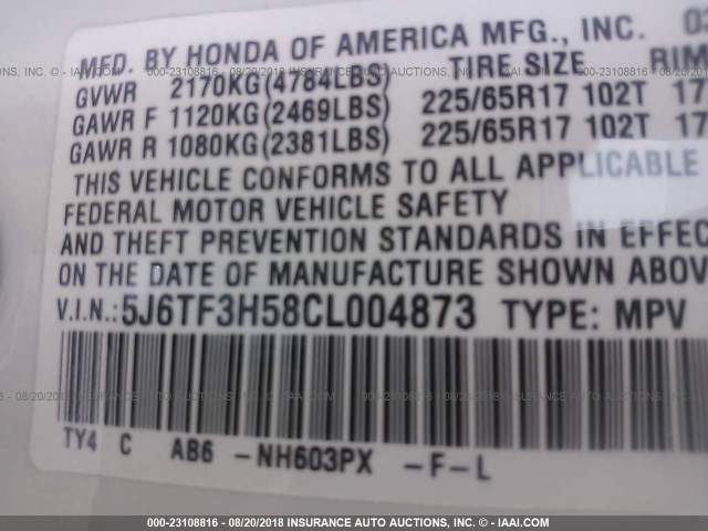 5J6TF3H58CL004873 - 2012 HONDA CROSSTOUR EXL თეთრი ფოტო 9