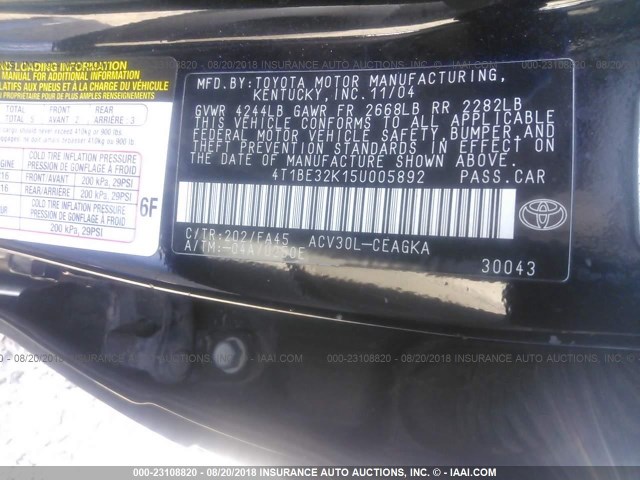 4T1BE32K15U005892 - 2005 TOYOTA CAMRY LE/XLE/SE 黑色 照片 9