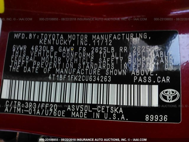 4T1BF1FK2CU634263 - 2012 TOYOTA CAMRY SE/LE/XLE წითელი ფოტო 9