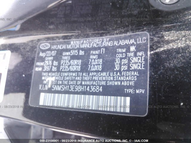 5NMSH13E98H143684 - 2008 HYUNDAI SANTA FE SE/LIMITED BLACK photo 9