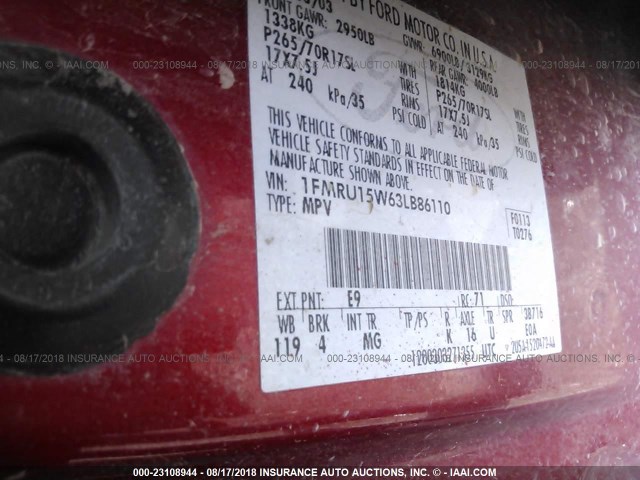 1FMRU15W63LB86110 - 2003 FORD EXPEDITION XLT RED photo 9