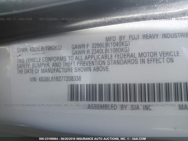 4S3BL616277208338 - 2007 SUBARU LEGACY 2.5I WHITE photo 9