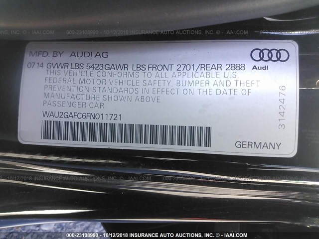 WAU2GAFC6FN011721 - 2015 AUDI A7 PRESTIGE BLACK photo 9