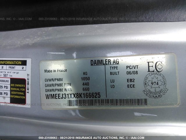 WMEEJ31XX8K166625 - 2008 SMART FORTWO PURE/PASSION Light Blue photo 9