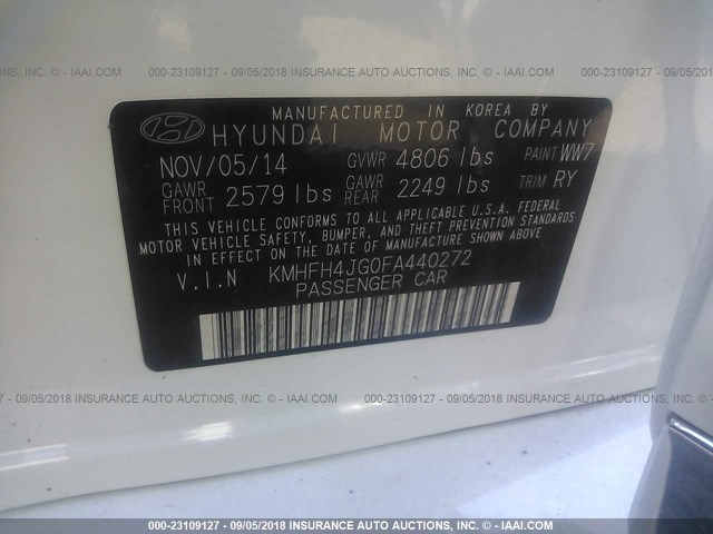 KMHFH4JG0FA440272 - 2015 HYUNDAI AZERA LIMITED WHITE photo 9