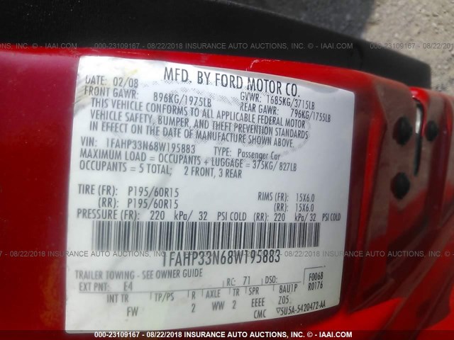 1FAHP33N68W195883 - 2008 FORD FOCUS SE/SEL/SES RED photo 9