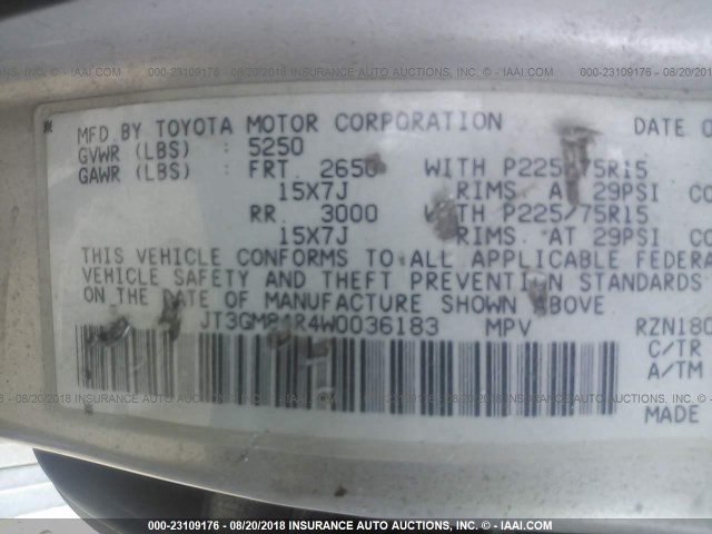 JT3GM84R4W0036183 - 1998 TOYOTA 4RUNNER TAN photo 9