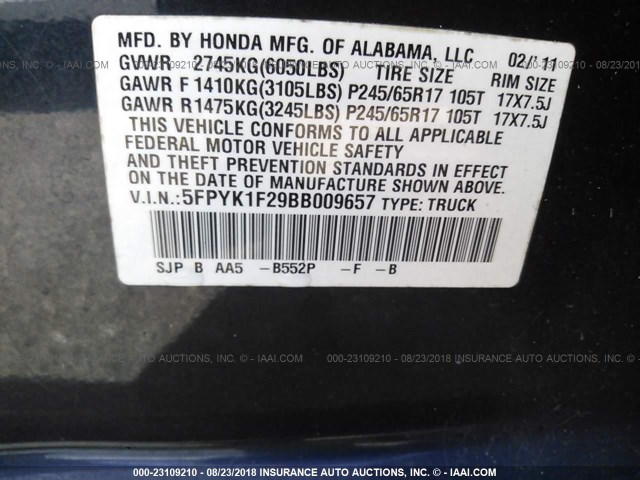 5FPYK1F29BB009657 - 2011 HONDA RIDGELINE RT Dark Blue photo 9