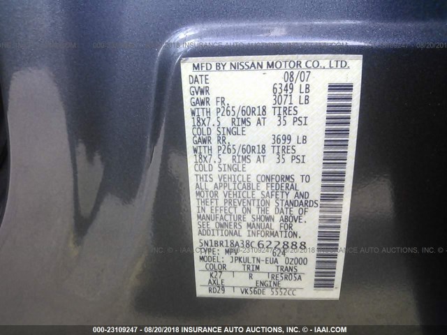 5N1BR18A38C622888 - 2008 NISSAN PATHFINDER LE/SE GRAY photo 9