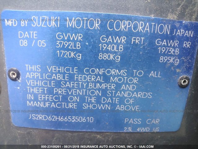 JS2RD62H665350610 - 2006 SUZUKI AERIO BLUE photo 9