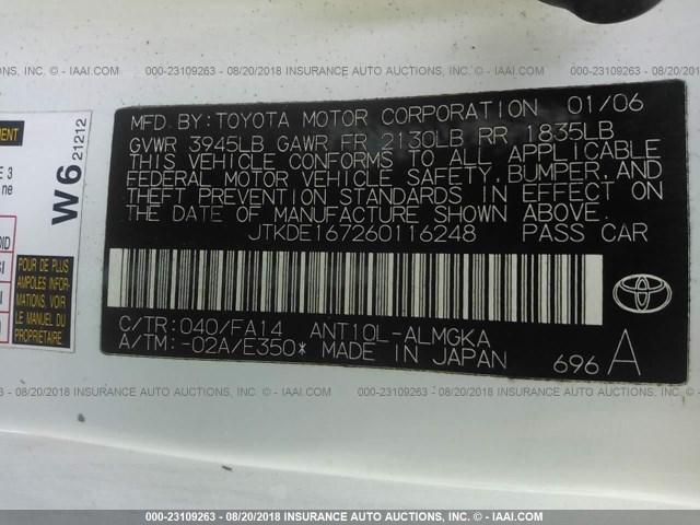 JTKDE167260116248 - 2006 TOYOTA SCION TC 白色 照片 9