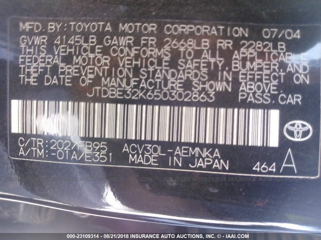 JTDBE32K650302863 - 2005 TOYOTA CAMRY LE/XLE/SE Қара фото 9