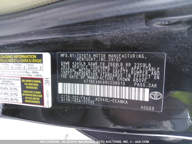 4T1BE46K88U208010 - 2008 TOYOTA CAMRY CE/LE/XLE/SE BLACK photo 9