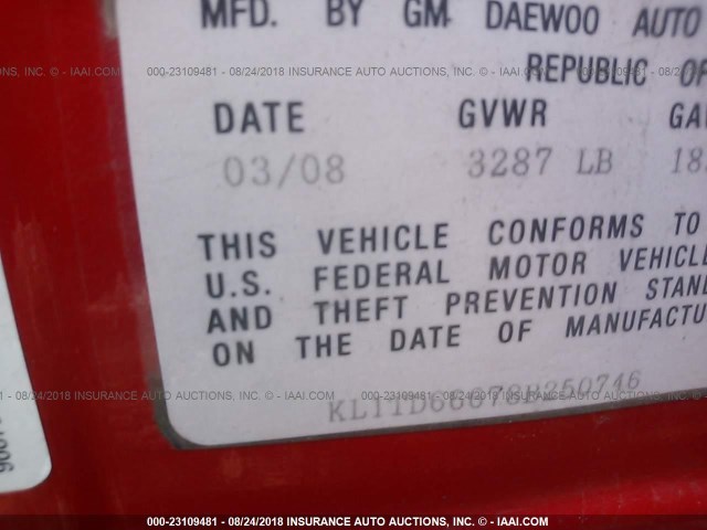 KL1TD66678B250746 - 2008 CHEVROLET AVEO LS RED photo 9