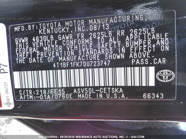 4T1BF1FK7DU723747 - 2013 TOYOTA CAMRY L/SE/LE/XLE 黑色 照片 9