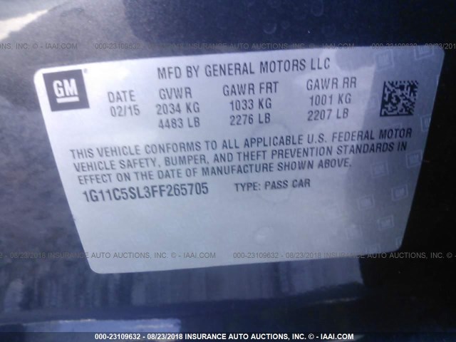 1G11C5SL3FF265705 - 2015 CHEVROLET MALIBU 1LT GRAY photo 9