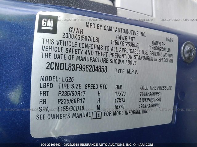 2CNDL83F996204853 - 2009 CHEVROLET EQUINOX LTZ BLUE photo 9